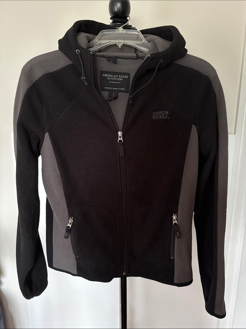 American Eagle Outfitters Black and Gray Hooded Zip Utility Jacket